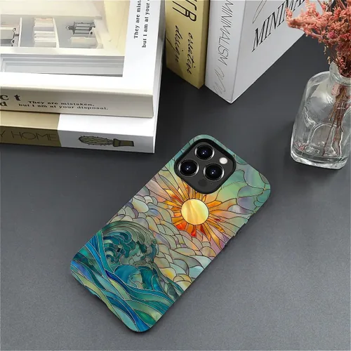 Vista 3 de DAIZAG Funda compatible con iPhone 15 Pro Max, Rayos de Sol Olas del Océano Vidrio Manchado Patrón Completo Plástico Suave TPU Anti-Caídas, Doble