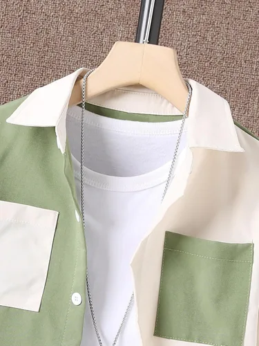 Vista 3 de OYOANGLE Camisa casual de manga larga con botones de bloque de color para niño