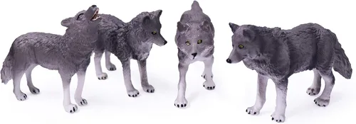 Vista 6 de UANDME Juego de 4 figuras de juguete de lobo, figuras de animales de lobo, decoración de pastel familiar, regalo para niños (gris)