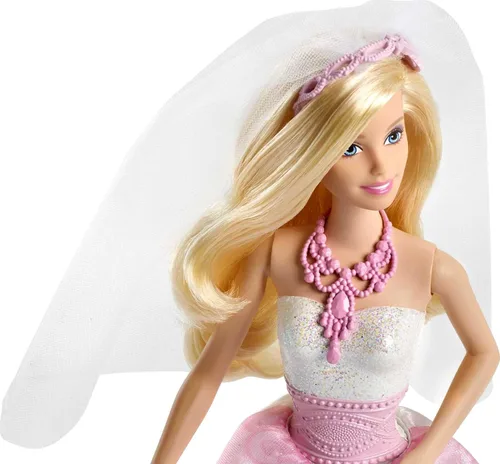 Vista 2 de Barbie Conjunto de ropa y accesorios de muñeca nupcial, novia rubia en vestido de novia blanco y rosa inspirado en la fantasía con anillo, velo