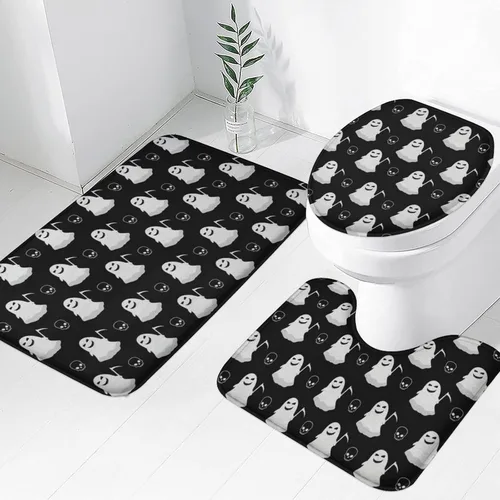 Vista 19 de Juego de 3 tapetes de baño de Halloween de bienvenida, diseño de fantasma, boo, gato, bruja, murciélago, calabaza, juego de alfombrillas de baño