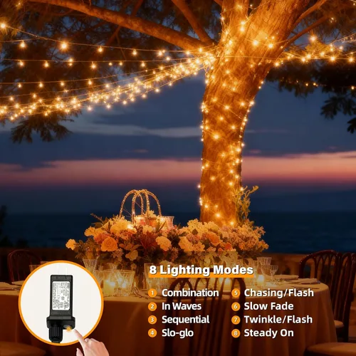 Vista 2 de AHAWILL Luces de Navidad blancas cálidas para exteriores, tira de 250 luces LED de 83 pies con 8 modos, luces de árbol de Navidad para interiores