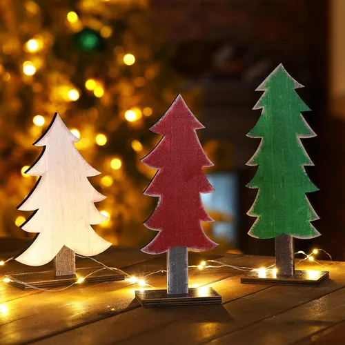Vista 4 de Meooeck 3 piezas de árboles de Navidad de madera verde, blanca y roja, decoración rústica de Navidad, centros de mesa para mesas con base