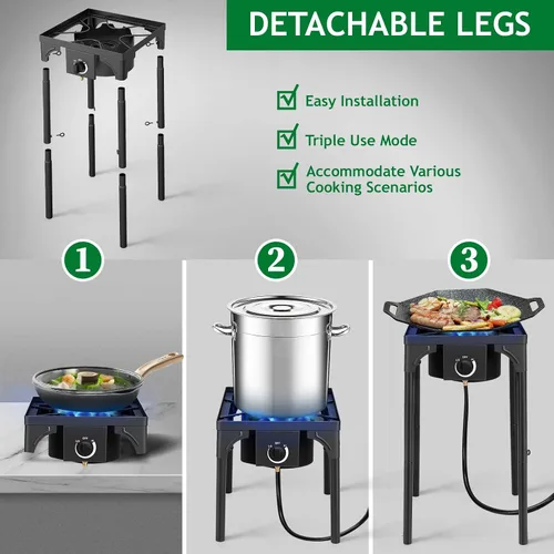 Vista 5 de Karl home Estufa de gas propano de 1 quemador para cocinar al aire libre, cocina de campamento de 75,000 BTU con patas extraíbles y regulador PSI