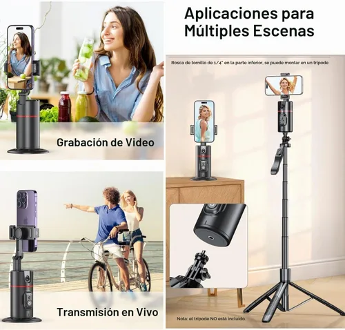 Vista 2 de Trípode de seguimiento facial automático con rotación de 360°, soporte de teléfono de seguimiento automático con control remoto, soporte de teléfono