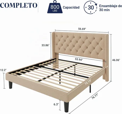 Vista 2 de Allewie Base de cama de tamaño matrimonial con cabecera copetuda con botones en la parte trasera, marco de cama tapizado moderno con soporte