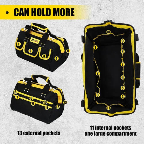 Vista 4 de Bolsas de herramientas de 13 pulgadas con parte inferior suave impermeable, múltiples bolsillos de boca ancha para herramientas con correas