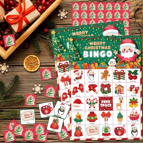 Vista 7 de OHOME Juegos de Navidad Bingo de Navidad para niños – 24 jugadores, manualidades de Navidad, actividades, regalos de fiesta para familias, regalos