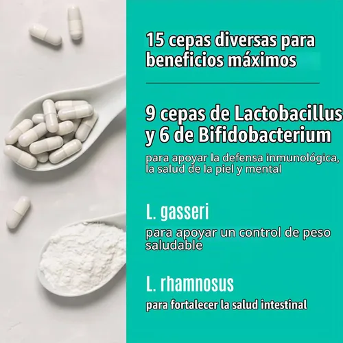 Vista 6 de Prebióticos y probióticos: Lactobacillus Gasseri, Lactobacillus Rhamnosus, Plantarum, Casei, Bifidobacterium longum, lactis, infantis. Prebióticos