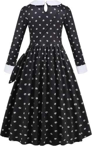 Vista 4 de LAUPHIE Vestido de miércoles para niñas, disfraz de miércoles con collar, calcetines y bolsa