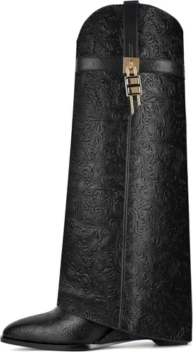 Vista 6 de Botas plegables puntiagudas con tacón de cuña para mujer, botas hasta la rodilla con diseño de candado y cremallera lateral Beige