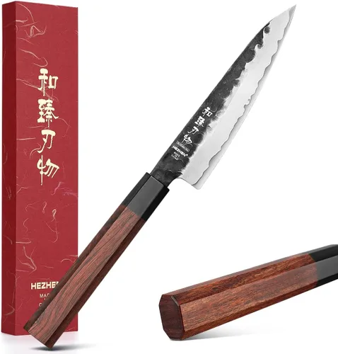 Vista 16 de Juego de cuchillos de cocina 4 piezas, cuchillo de chef de acero revestido Nakiri forjado Santoku, mango octogonal de madera