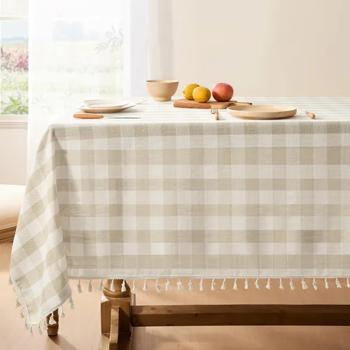 Vista 21 de Softalker Mantel cuadrado a cuadros, mantel de lino de algodón con borla, resistente a las arrugas, mantel a cuadros para cocina, comedor, fiesta