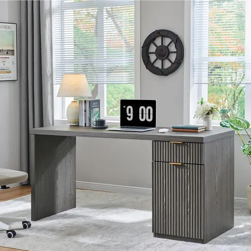 Vista 17 de JXQTLINGMU Escritorio ejecutivo moderno de 58 pulgadas con almacenamiento, escritorio de madera para oficina en casa con 5 cajones y 1 gabinete