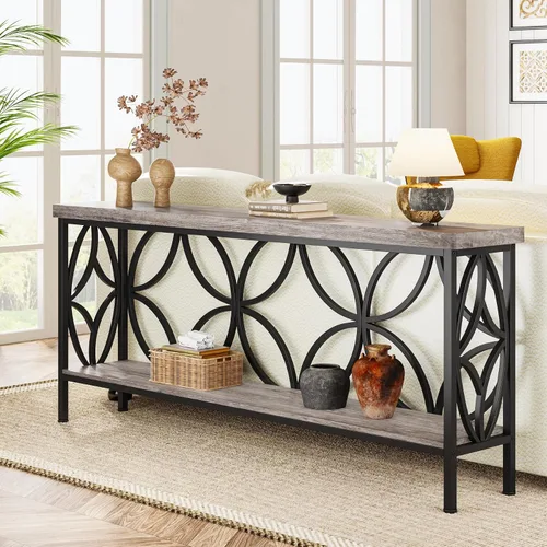 Vista 9 de Tribesigns - Mesa de sofá estrecha de 70.9 pulgadas, mesa de sofá larga industrial detrás del sofá, mesa consola de entrada con almacenamiento