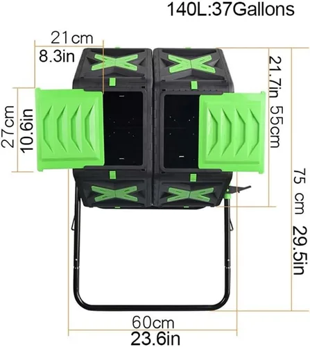 Vista 2 de Vaso de compostaje giratorio de 360° para exteriores, barril de compostaje con rejillas de aireación, contenedor de abono con mango fácil de girar