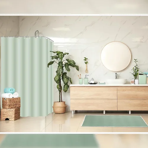 Vista 6 de Hosuly Juego de 9 piezas de accesorios de baño para cortina de ducha y 12 ganchos, dispensador de jabón, jabonera, tapete de baño antideslizante