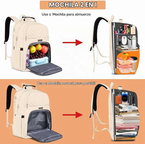 Vista 2 de Mochila de almuerzo para mujer, resistente al agua, bolsa de almuerzo aislada, mochilas para laptop de 15.6 pulgadas con puerto USB, mochila