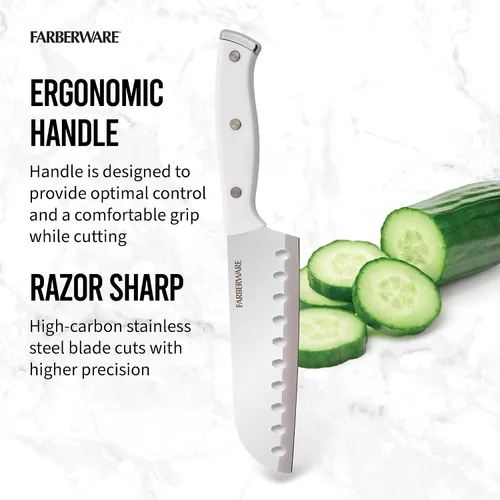 Vista 6 de Farberware Edgekeeper Cuchillo Santoku con triple remache con cubierta de hoja autoafilable, cuchillo de cocina de acero inoxidable de alto carbono