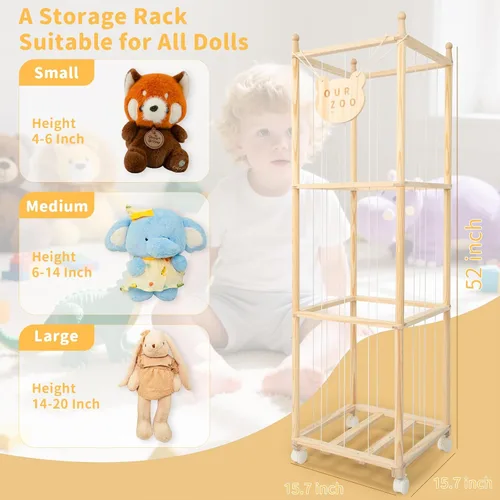 Vista 6 de Organizador de zoológico de almacenamiento de animales de peluche, soporte alto de torre de madera para juguetes de peluche grandes, exhibición