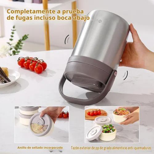 Vista 3 de Lonchera para adultos con vacío, termo para sopa con insertos, lonchera bento apilable, contenedor de almacenamiento, boca ancha, de acero