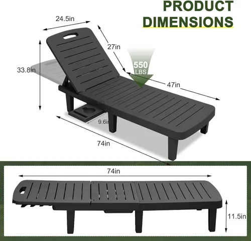 Vista 7 de CDCASA Chaise Lounge al aire libre, sillas de piscina multifuncionales con 5 posiciones ajustables y bandeja lateral, salas de resina impermeables