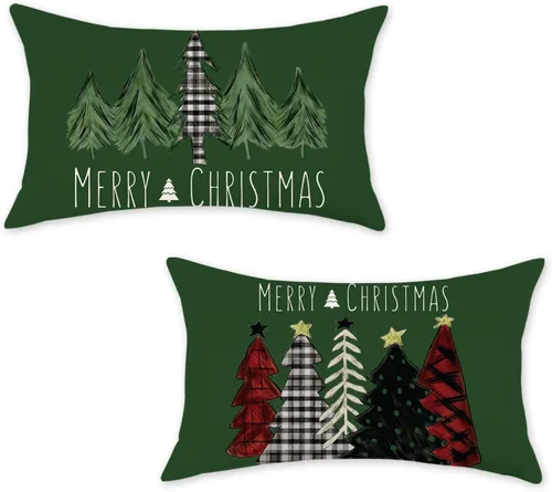 Vista 9 de ONWAY Juego de 2 fundas de almohada de Navidad de 16 x 16 pulgadas, fundas de almohada de Navidad de búfalo rojo a cuadros, color negro y verde Beige