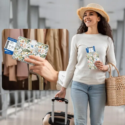 Vista 6 de Soporte para pasaporte para viaje, funda de cuero con bloqueo RFID, combo con ranura para tarjeta de crédito y ranura para tarjeta de embarque