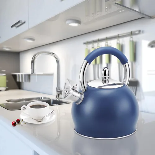 Vista 6 de Tetera silbante para estufa, tetera de acero inoxidable con mango ergonómico de silicona, tetera para estufa, 3.2 cuartos de galón / 3 litros, azul