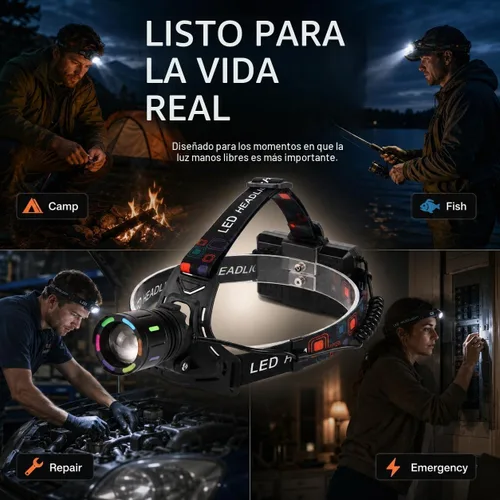 Vista 7 de Linterna frontal LED recargable, 150,000 lúmenes, superbrillante, 60H, con sensor de movimiento, 4 modos, ajustable a 90°, impermeable nivel IPX6