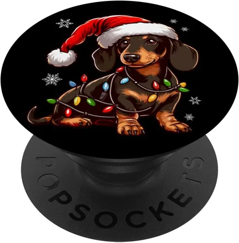 Vista 6 de Feliz Navidad Dachshund Santa Sombrero Luces Navidad Hombres Mujeres PopSockets MagSafe PopGrip para iPhone