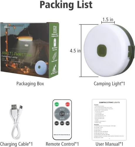 Vista 8 de Cadena de luces de campamento de 33 pies, 100 LED, 4 en 1, recargable, 100 LED, para exteriores, con 14 modos de iluminación, control remoto