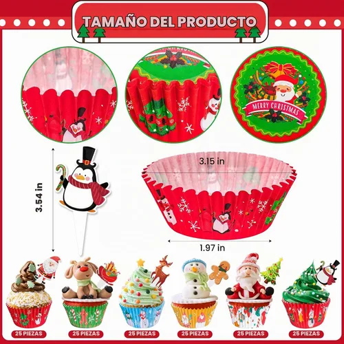Vista 4 de Forros de cupcakes de Navidad con adornos y púas, envoltorios estándar desechables para cupcakes, tazas para hornear, forros para magdalenas