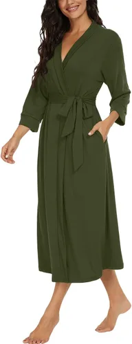 Vista 2 de VINTATRE Bata tipo kimono para mujer, bata larga de punto, ligera, suave, ropa de dormir con cuello en V, casual, ropa de descanso para mujer Verde