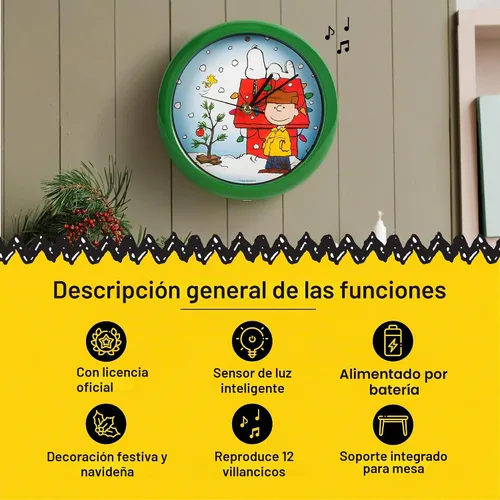 Vista 5 de Mark Feldstein, Reloj de sonido con villancicos navideños de Snoopy en diseño de casa de perro, verde, 20,3 cm