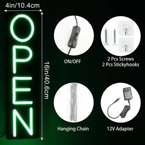 Vista 6 de Letreros abiertos para negocios 12V/2A letrero de neón LED súper brillante de 16 pulgadas, letrero abierto iluminado, letrero eléctrico