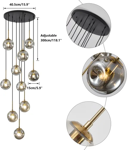 Vista 2 de BOKT Lámpara colgante vintage en racimo negro dorado 10 luces globo de vidrio escalera lámpara gris ahumado moderno gran lámpara colgante ajustable