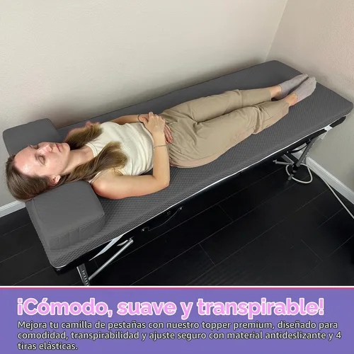 Vista 4 de Cubrecolchón de espuma para cama de pestañas – Almohadilla de espuma viscoelástica para mesa de masaje de 2.5 pulgadas de grosor con correas de Gris