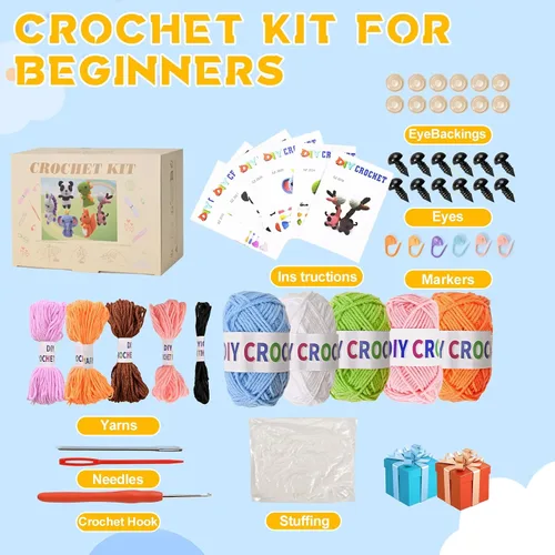 Vista 2 de Alutaba Kit de ganchillo de 6 piezas para principiantes, kits de animales de ganchillo para adultos con tutoriales de videos paso a paso, kit