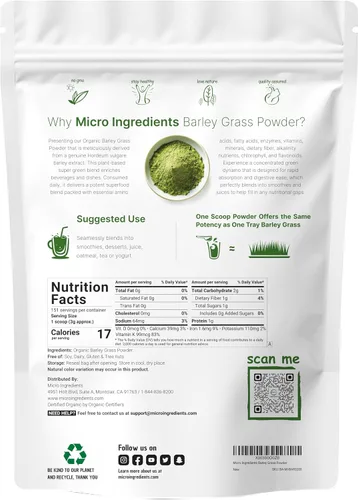 Vista 2 de Polvo de hierba de cebada orgánica, 16 onzas, cultivado en Estados Unidos, rico en vitaminas, minerales, fibras y antioxidantes, mezcla de verduras