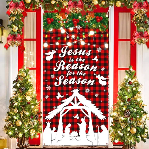 Vista 9 de RUMIA Cubierta de Puerta de Navidad con Nacimiento, "Christmas Begins with Christ", Decoración de Puerta Delantera, Banner, Cruz de Navidad Bandera