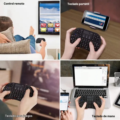 Vista 4 de Teclado táctil Rii i8+ miniatura, inalámbrico 2.4G luz de fondo con ratón para PC/Mac/Android, dorado Negro