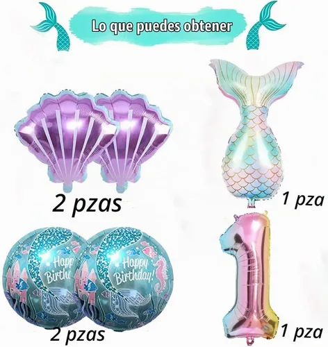 Vista 2 de Kit de decoración de cumpleaños de sirena sdquskin: 6 globos verdes de sirena (número 1) para niñas