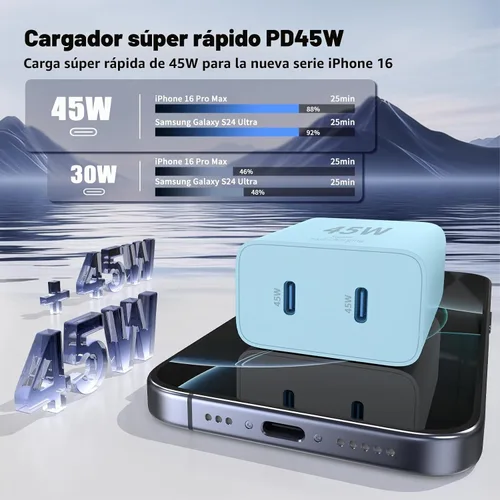 Vista 3 de QZIIW Cargador Samsung súper rápido tipo C, bloque de cargador rápido USB C de 45 W de doble puerto [paquete de 2] y cable USB C extralargo de 60 W