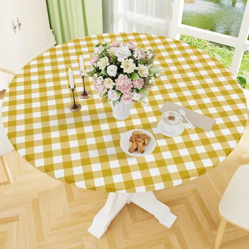 Vista 37 de Smiry - Mantel redondo de picnic de vinilo elástico impermeable con respaldo de franela, mantel de vinilo ajustable para mesas de 31-35 pulgadas