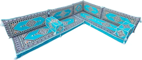 Vista 9 de arabicsofa Light Blue L Shaped Moroccan Majlis Seating – Arabic Sectional Floor Sofa Set – Modular Corner Sofa Set