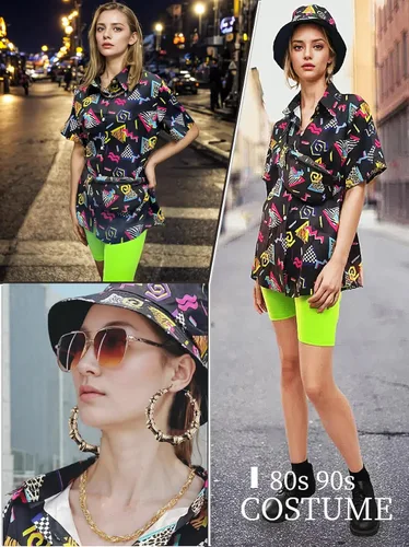 Vista 4 de Verceco Trajes de los años 80 y 90 para mujer, unisex, hip hop, accesorios de disfraz retro de los años 90, trajes de fiesta temática de los años