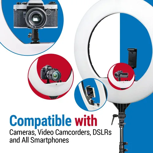 Vista 5 de Vidpro RL-18 Kit de luces LED de 18 pulgadas con soporte y funda, 55 W, regulable, 3200-5600 K, juego de anillos de control de color variable