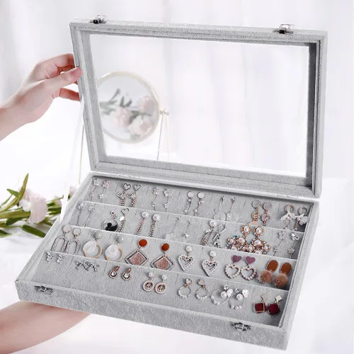 Vista 3 de Organizador de aretes, 40 pares de vitrinas de terciopelo para mujeres y niñas, bandeja de aretes con cerradura para aretes y tachuelas