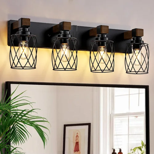 Vista 18 de Farmhouse 3-Light Wood Bathroom Vanity Light, White Metal Cage Shade